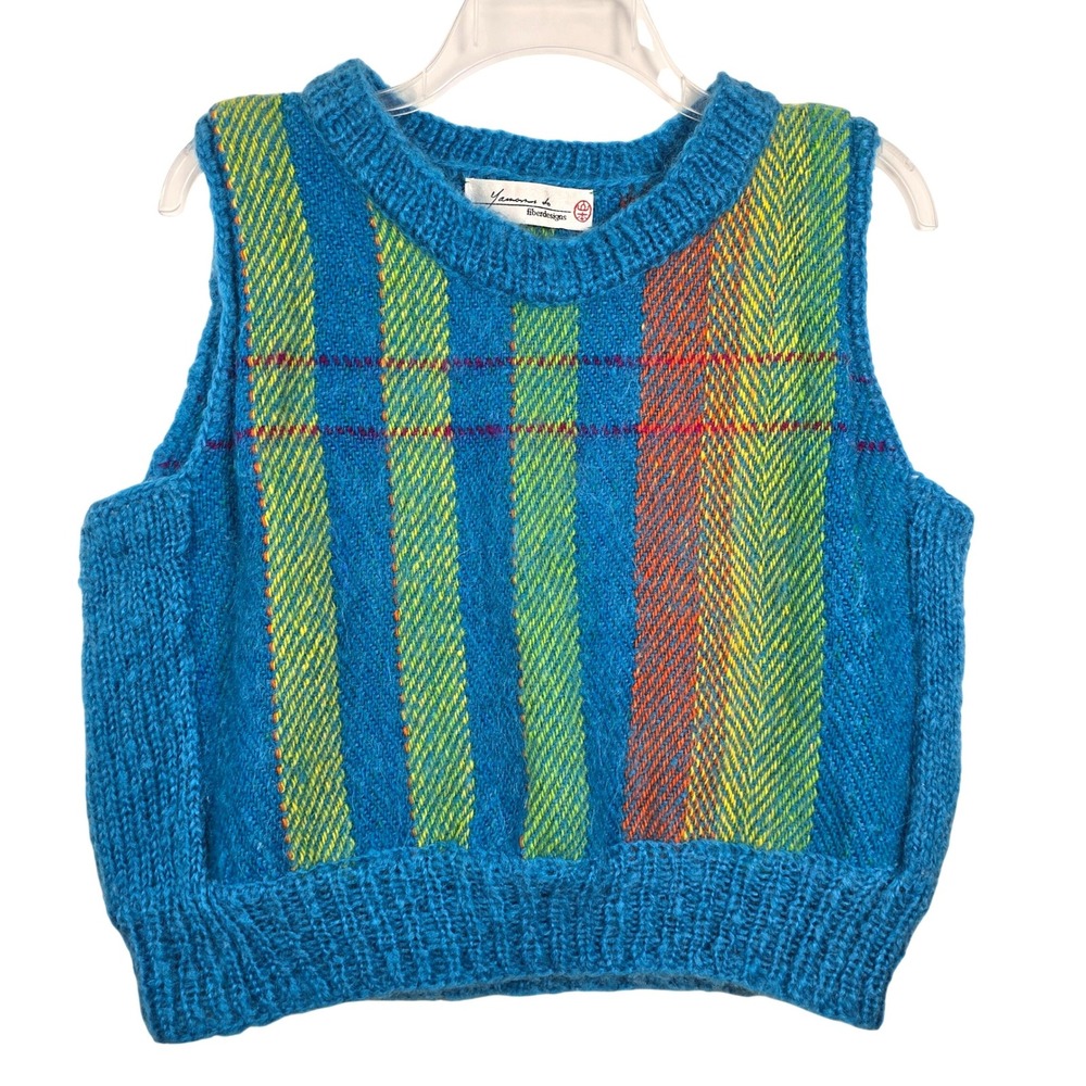 Vintage Yamamoto FiberDesigns Art to Wear Crop Sweater Vest Handwoven Blue Plaid